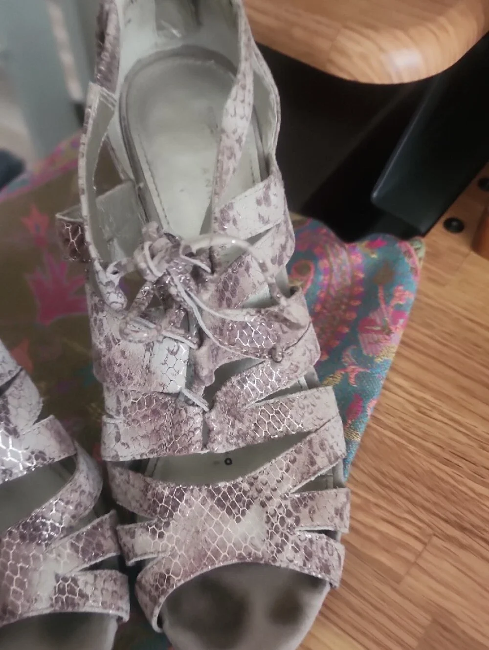 Anne Klein Taupe Snakeskin Lace-Up Peep-Toe Heels